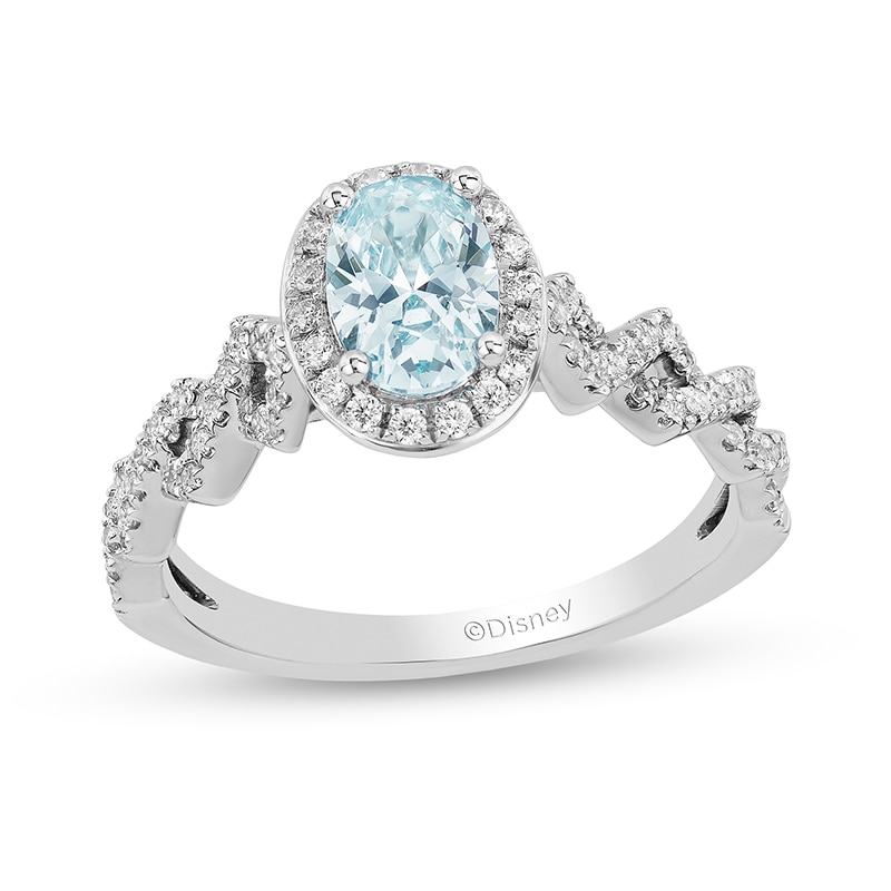 Previously Owned - Enchanted Disney Elsa Oval Aquamarine and 1/4 CT. T.W. Diamond Engagement Ring in 14K White Gold