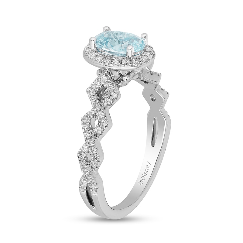 Previously Owned - Enchanted Disney Elsa Oval Aquamarine and 1/4 CT. T.W. Diamond Engagement Ring in 14K White Gold