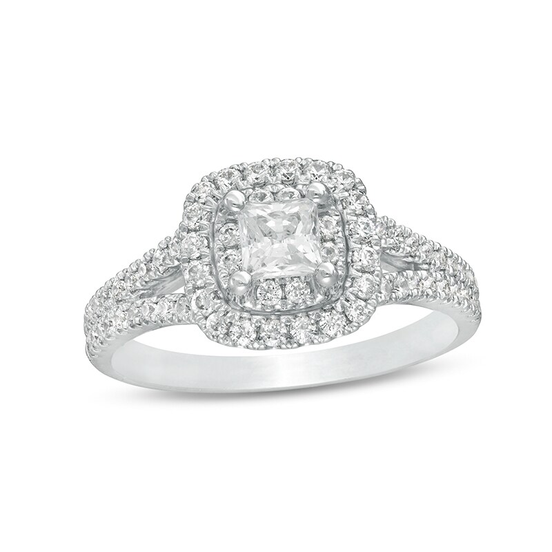 Main Image 1 of Previously Owned - 1 CT. T.W. Princess-Cut Diamond Cushion Frame Split Shank Engagement Ring in 14K White Gold