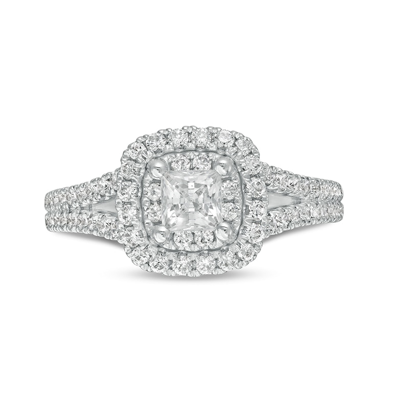 Main Image 4 of Previously Owned - 1 CT. T.W. Princess-Cut Diamond Cushion Frame Split Shank Engagement Ring in 14K White Gold