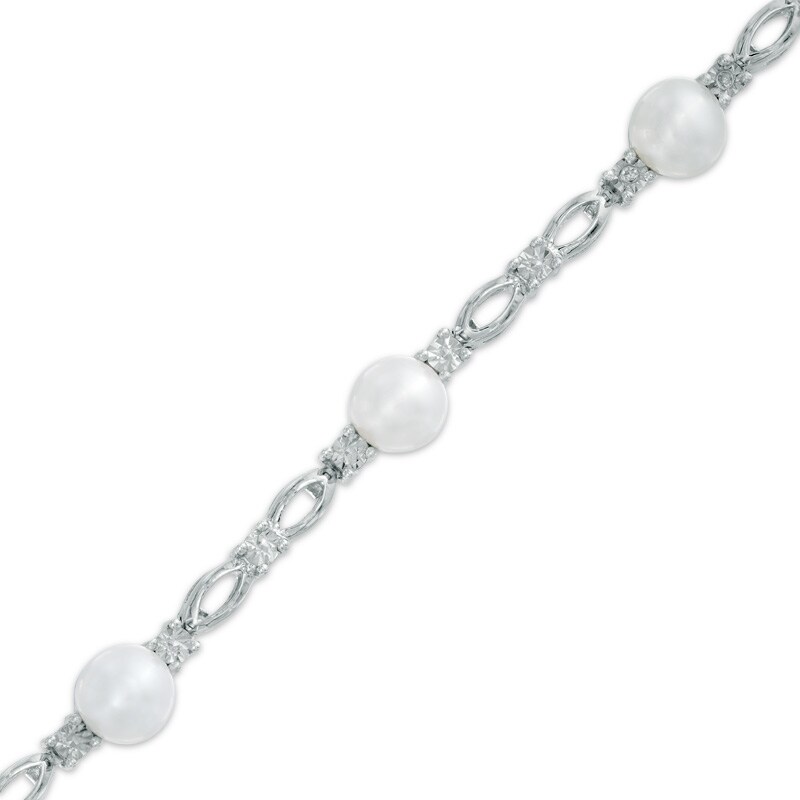 Main Image 1 of Previously Owned-5.0mm Freshwater Cultured Pearl and Diamond Accent Infinity Bracelet in Sterling Silver-7.25"
