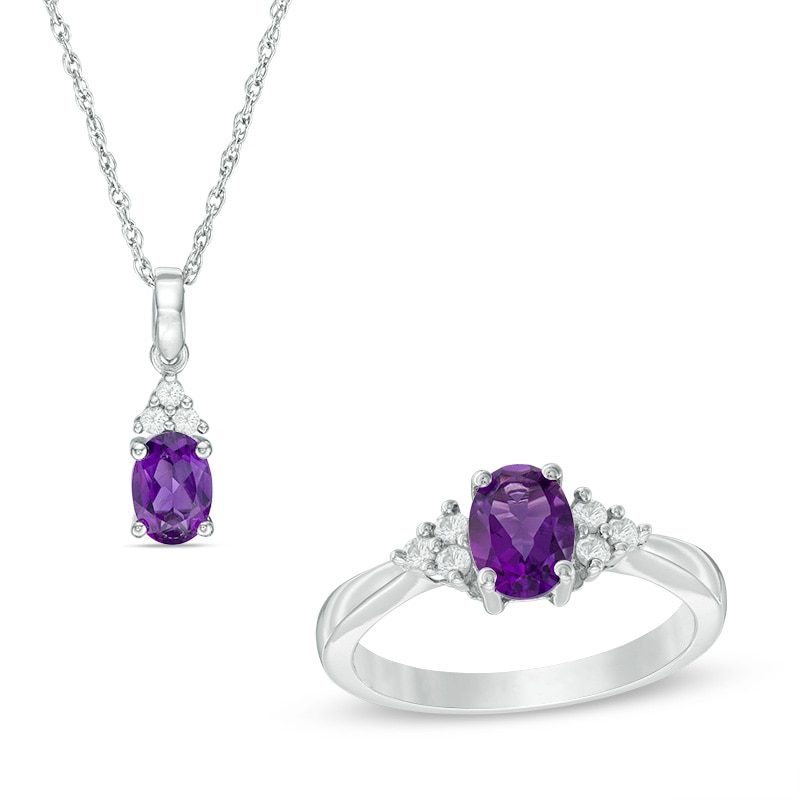 Previously Owned - Oval Amethyst and Lab-Created White Sapphire Tri-Sides Pendant and Ring Set in Sterling Silver