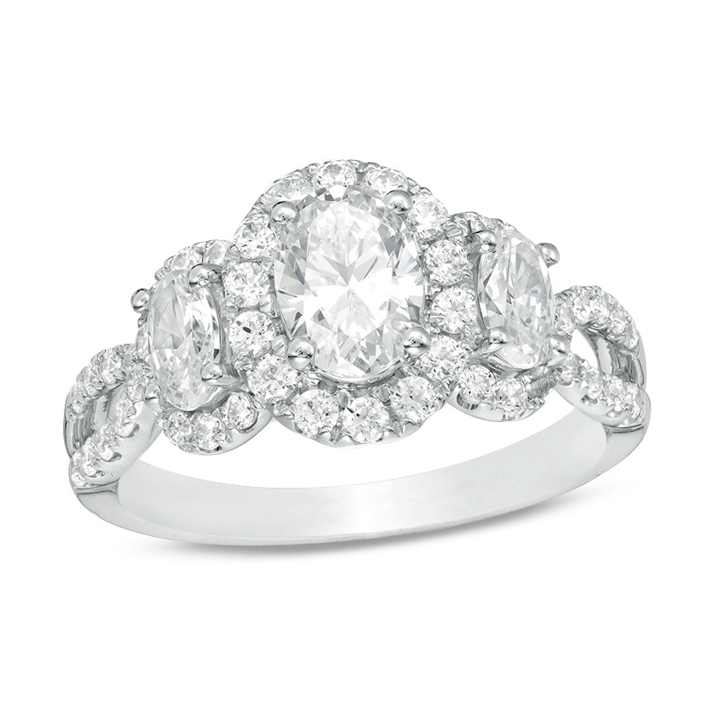 Main Image 1 of Previously Owned - 2 CT. T.W. Oval Diamond Past Present Future® Frame Twist Engagement Ring in 14K White Gold