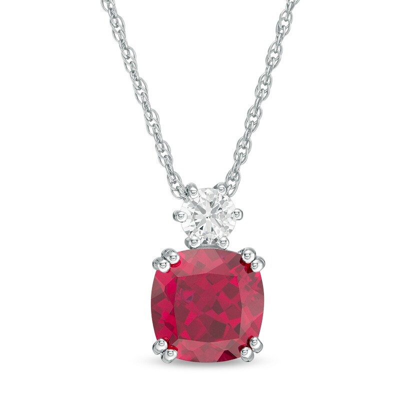 Main Image 1 of Previously Owned - 8.0mm Cushion-Cut Lab-Created Ruby and White Sapphire Pendant in Sterling Silver