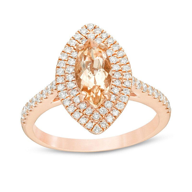 Main Image 1 of Previously Owned - Marquise Morganite and 1/2 CT. T.W. Diamond Double Frame Engagement Ring in 14K Rose Gold