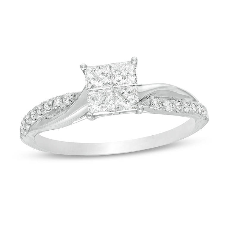 Main Image 1 of Previously Owned - 1/2 CT. T.W. Princess-Cut Quad Diamond Twist Shank Engagement Ring in 14K White Gold