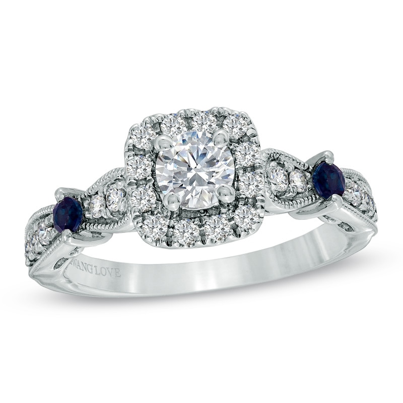 Previously Owned - Vera Wang Love Collection 3/4 CT. T.W. Diamond and Blue Sapphire Ring in 14K White Gold