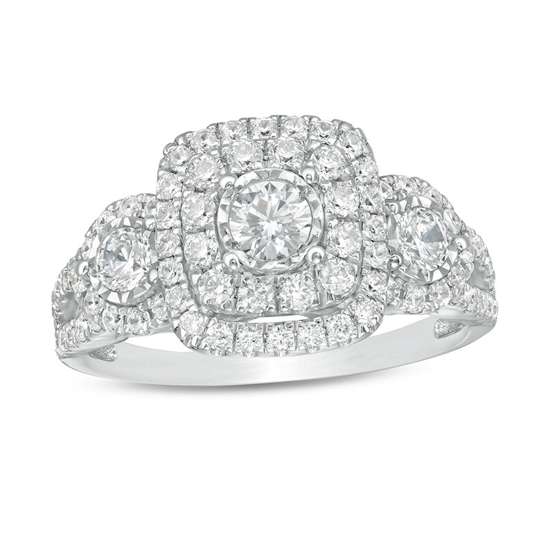 Previously Owned - 1 CT. T.W. Diamond Double Cushion Frame Past Present Future® Engagement Ring in 10K White Gold