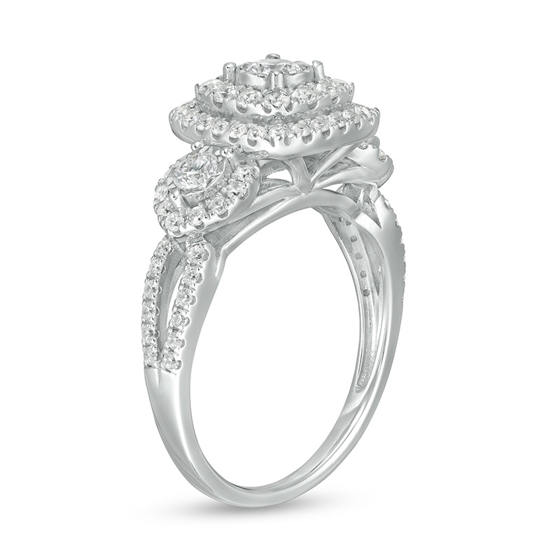 Previously Owned - 1 CT. T.W. Diamond Double Cushion Frame Past Present Future® Engagement Ring in 10K White Gold