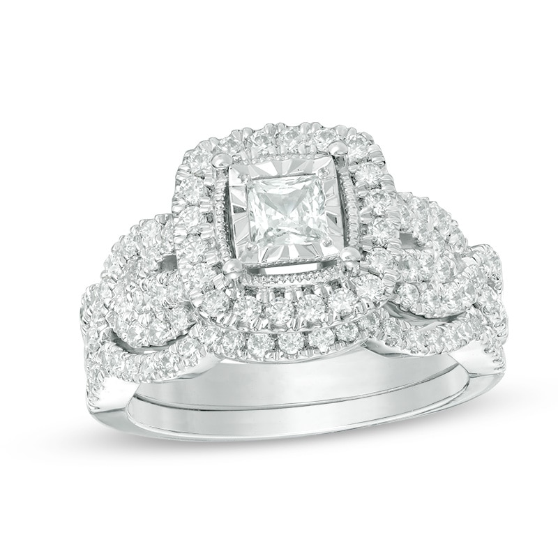 Previously Owned - 1-1/2 CT. T.W. Princess-Cut Diamond Frame Vintage-Style Twist Bridal Set in 14K White Gold