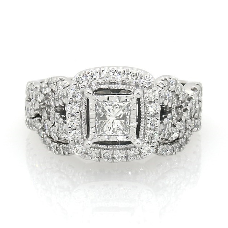 Main Image 1 of Previously Owned 1-1/2 CT. T.W. Princess-Cut Diamond Frame Vintage-Style Twist Soldered Bridal Set in 14K White Gold