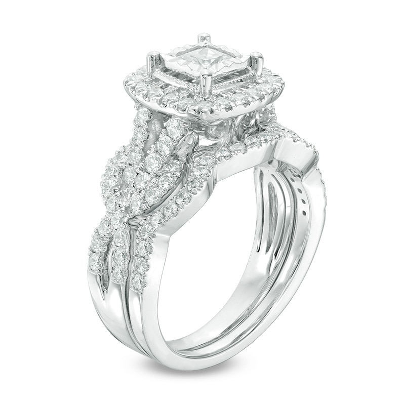 Previously Owned - 1-1/2 CT. T.W. Princess-Cut Diamond Frame Vintage-Style Twist Bridal Set in 14K White Gold