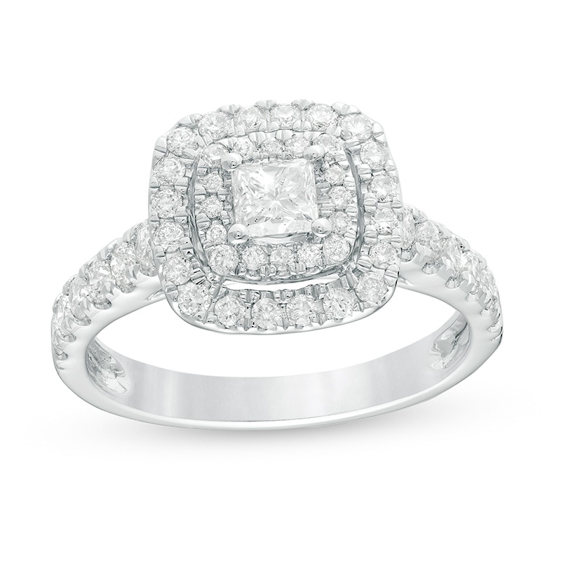 Previously Owned - 1 CT. T.W. Princess-Cut Diamond Double Frame Engagement Ring in 14K White Gold