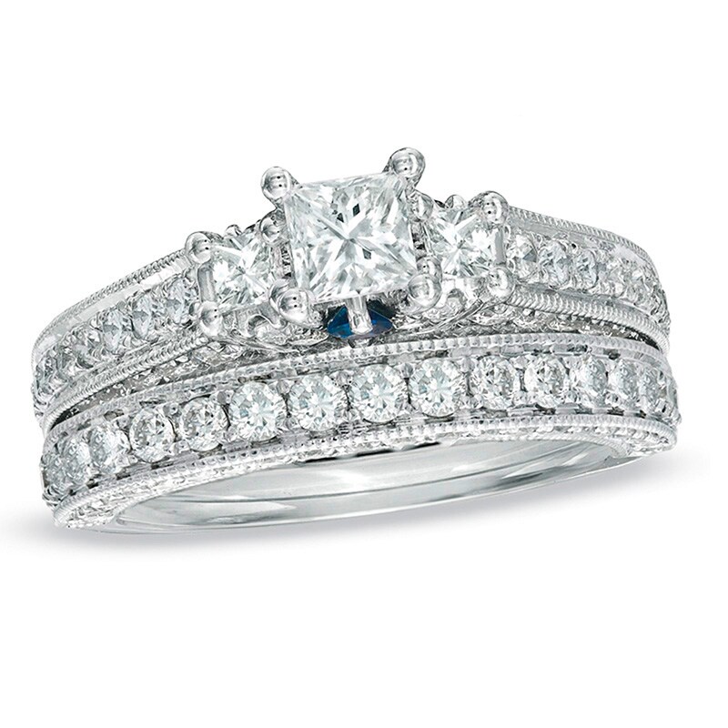 Main Image 1 of Previously Owned - Vera Wang Love Collection 2 CT. T.W. Princess-Cut Diamond Bridal Set in 14K White Gold