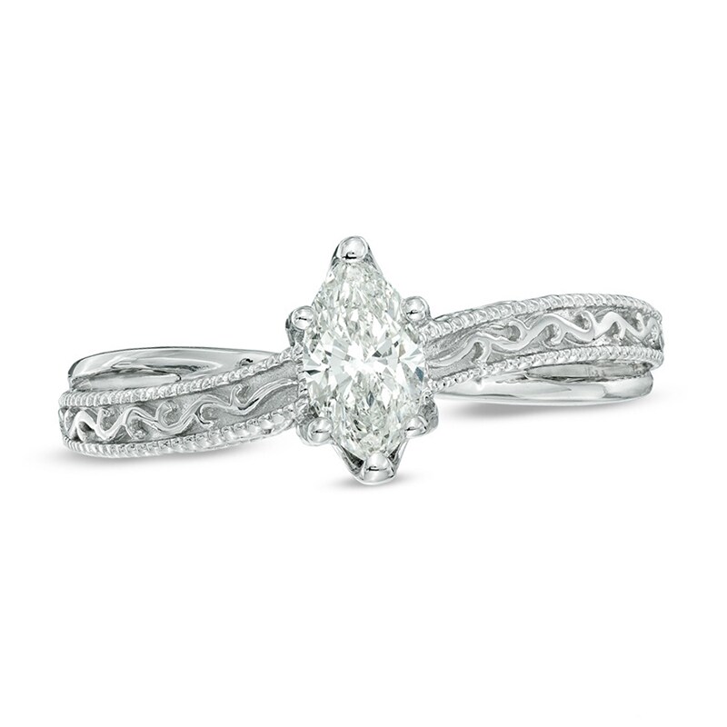 Main Image 1 of Previously Owned - Vera Wang Love Collection 1/2 CT. Marquise Diamond Solitaire Scroll Engagement Ring in 14K White Gold