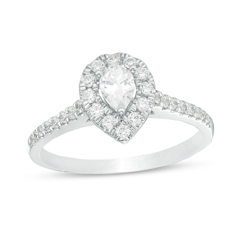 Main Image 1 of Previously Owned - 1/2 CT. T.W. Pear-Shaped Diamond Frame Engagement Ring in 14K White Gold