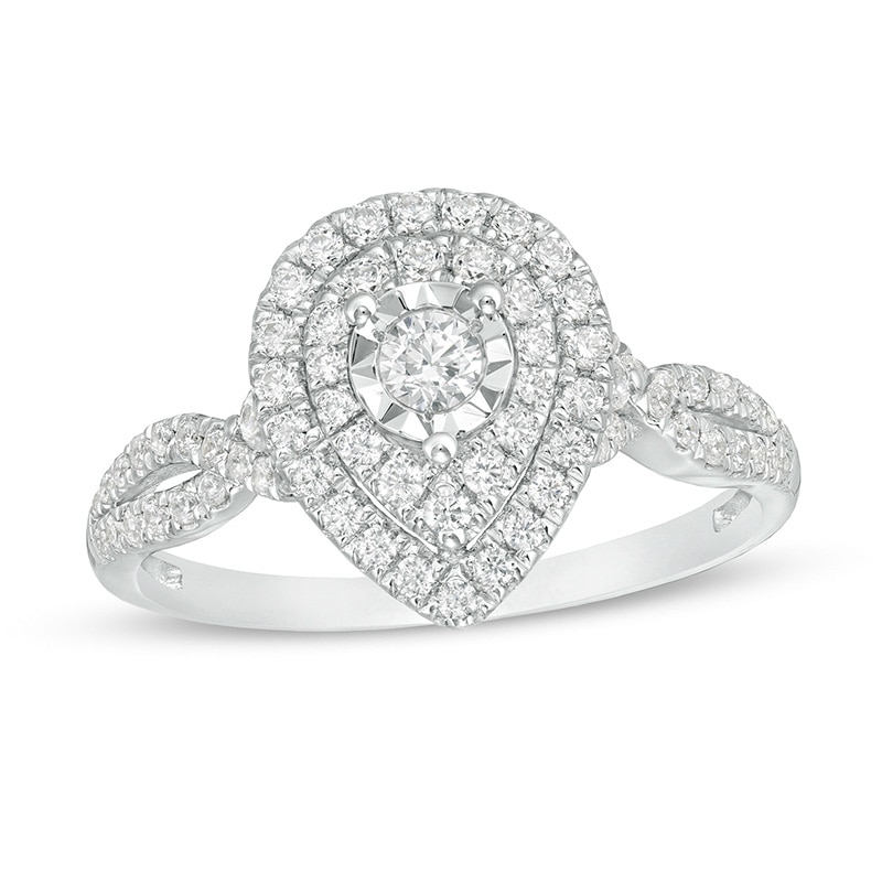 Main Image 1 of Previously Owned - 1/2 CT. T.W. Diamond Double Teardrop Frame Split Shank Engagement Ring in 10K White Gold