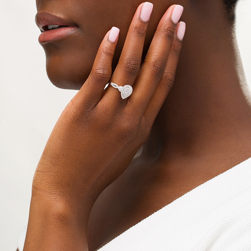Main Image 2 of Previously Owned - 1/2 CT. T.W. Diamond Double Teardrop Frame Split Shank Engagement Ring in 10K White Gold