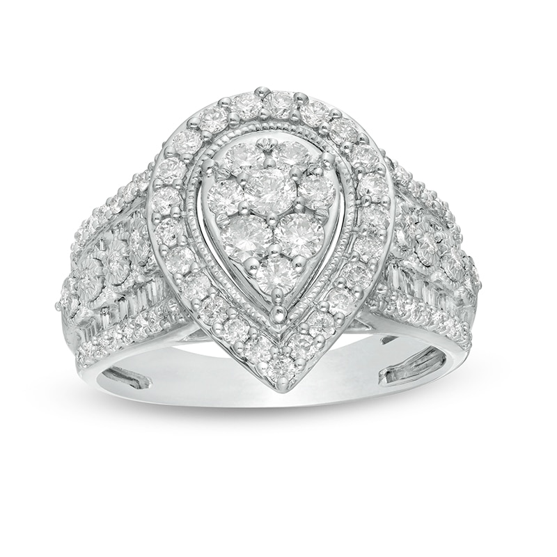 Main Image 1 of Previously Owned - 1 CT. T.W. Composite Pear Diamond Frame Vintage-Style Engagement Ring in 10K White Gold