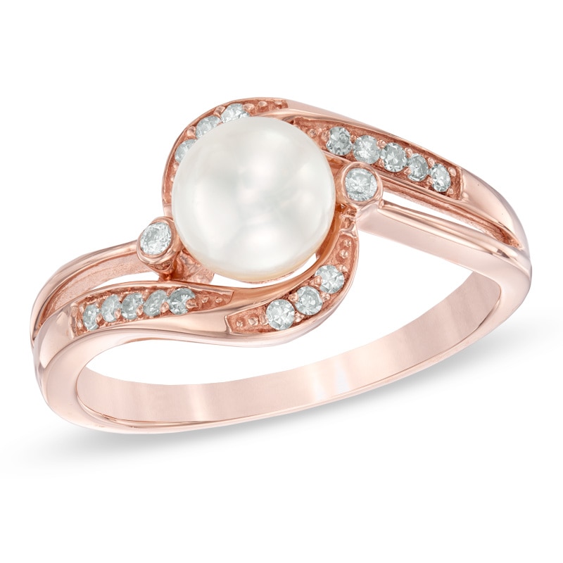 Main Image 1 of Previously Owned-6.0mm Freshwater Cultured Pearl and 1/10 CT. T.W. Diamond Ring in 10K Rose Gold