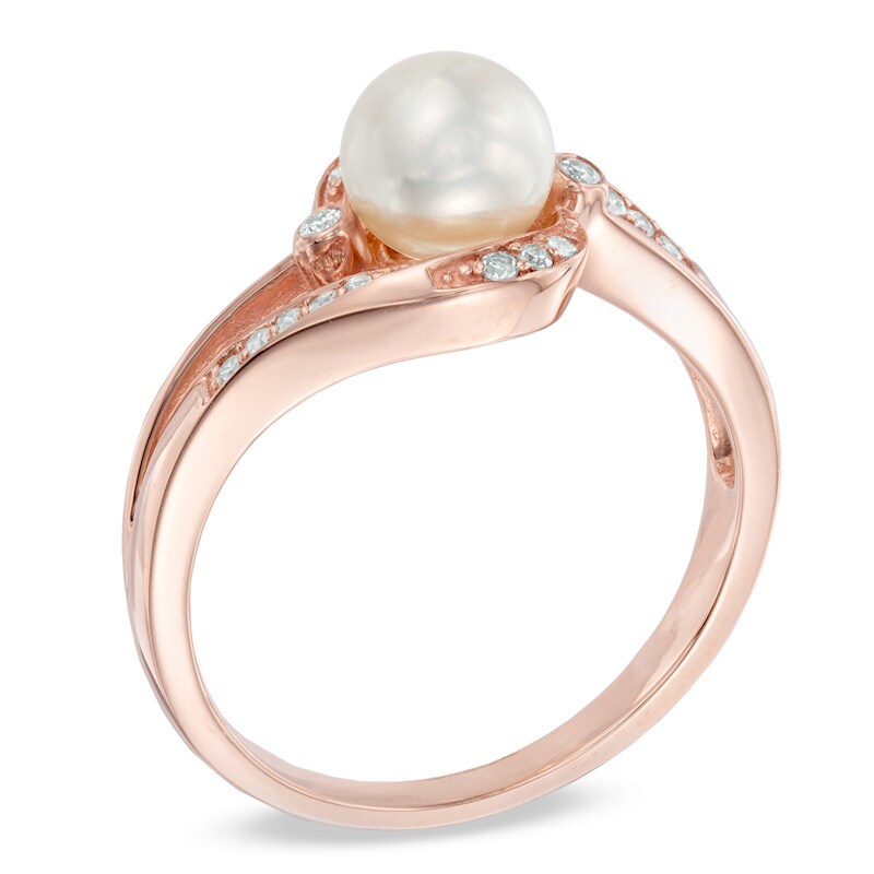 Main Image 2 of Previously Owned-6.0mm Freshwater Cultured Pearl and 1/10 CT. T.W. Diamond Ring in 10K Rose Gold