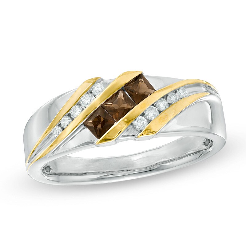 Main Image 1 of Previously Owned - Smoky Quartz and 1/8 CT. T.W. Diamond Three Stone Slant Band in 10K Two-Tone Gold