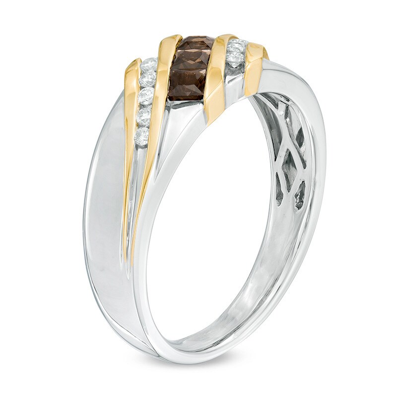 Main Image 2 of Previously Owned - Smoky Quartz and 1/8 CT. T.W. Diamond Three Stone Slant Band in 10K Two-Tone Gold