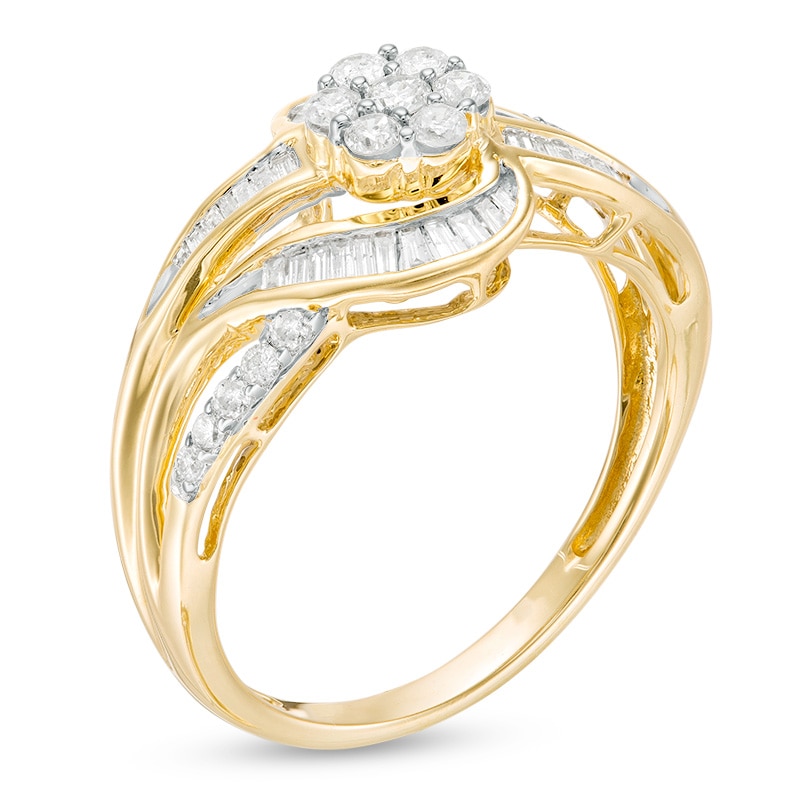 Main Image 3 of Previously Owned - 1/2 CT. T.W. Baguette and Round Composite Diamond Bypass Ring in 10K Gold