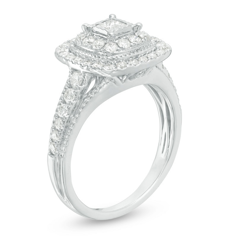 Main Image 2 of Previously Owned - 3/4 CT. T.W. Princess-Cut Diamond Double Frame Vintage-Style Engagement Ring in 14K White Gold