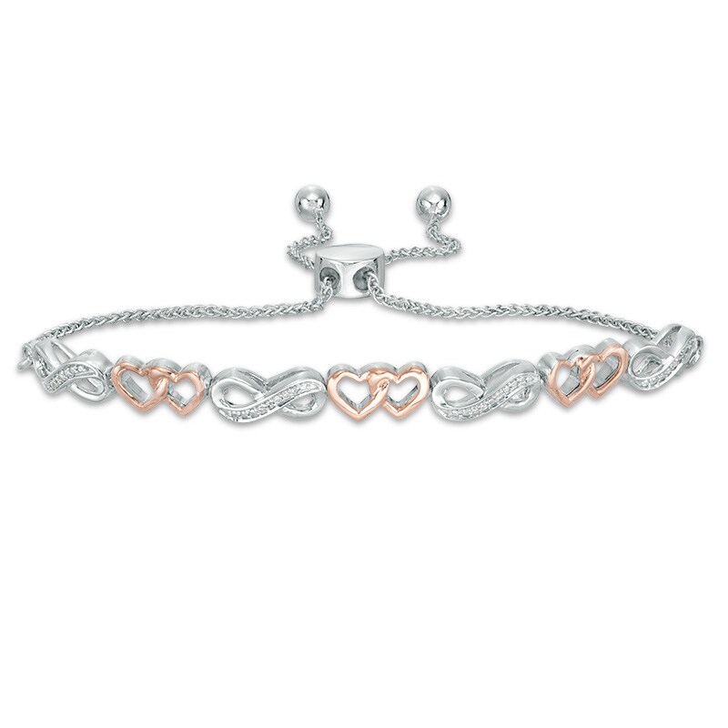 Main Image 1 of Previously Owned - 1/20 CT. T.W. Diamond Heart Infinity Bolo Bracelet in Sterling Silver and 10K Rose Gold - 9.5"