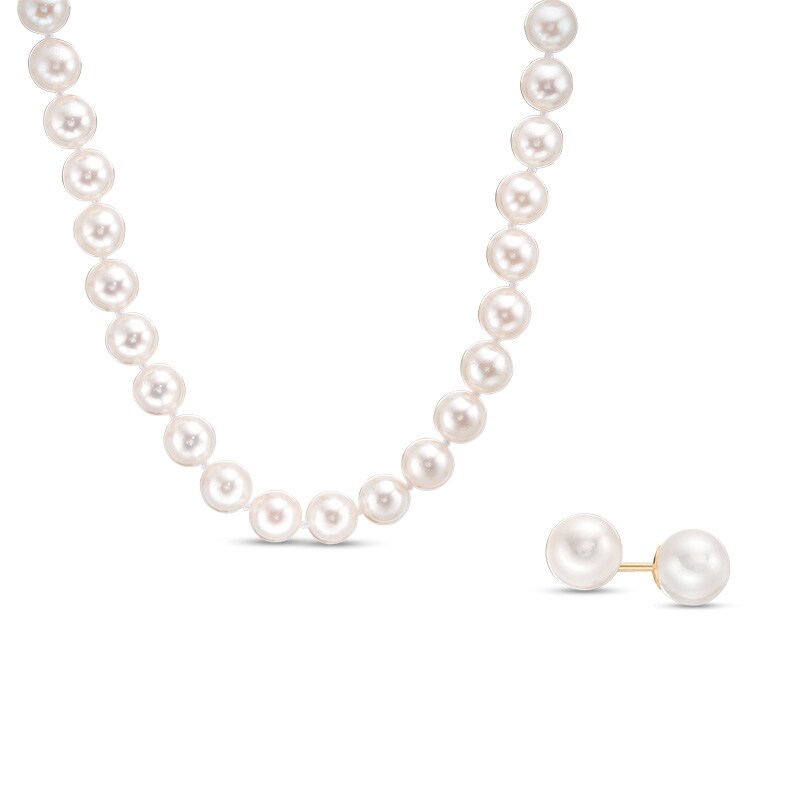 Main Image 1 of Previously Owned-IMPERIAL® 6.5-7.0mm Akoya Cultured Pearl Strand Necklace and Stud Earrings Set with 14K Gold Clasp