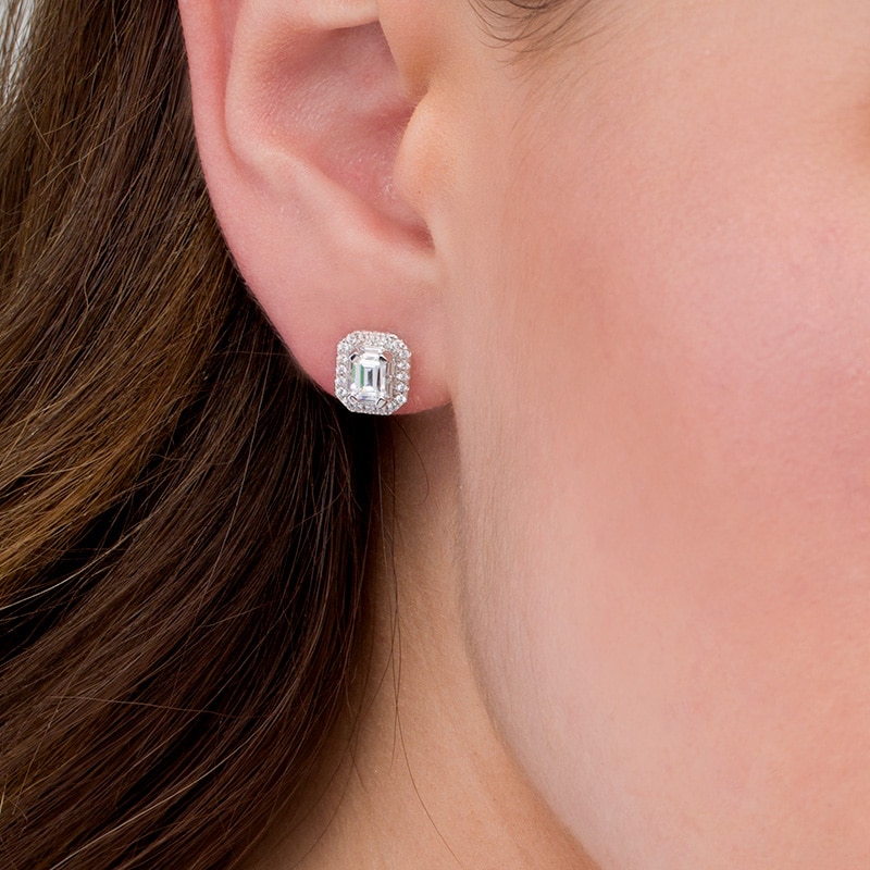 Previously Owned - 1 CT. T.W. Emerald-Cut Diamond Stud Earrings in 14K White Gold (I/SI2)