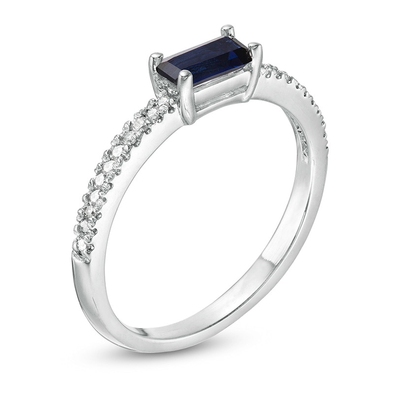 Main Image 3 of Previously Owned - Sideways Baguette Lab-Created Blue Sapphire and 1/10 CT. T.W. Diamond Ring in 10K White Gold