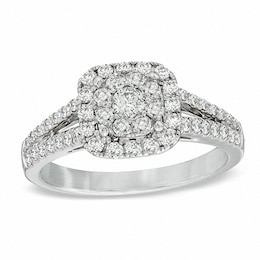 Previously Owned - 3/4 CT. T.W. Diamond Cluster Split Shank Engagement Ring in 14K White Gold