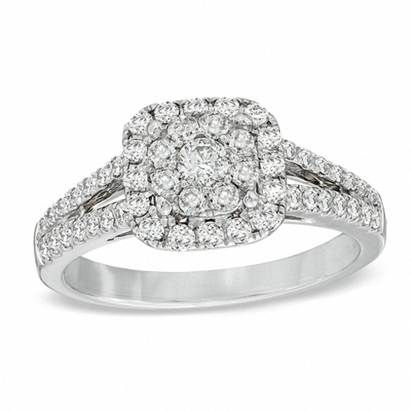 Main Image 1 of Previously Owned - 3/4 CT. T.W. Diamond Cluster Split Shank Engagement Ring in 14K White Gold