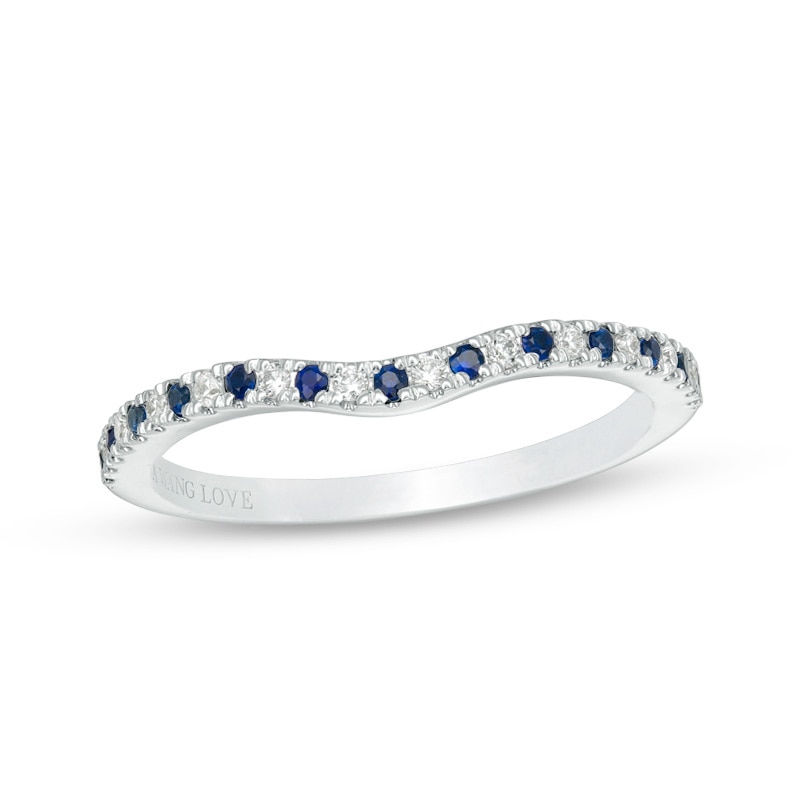 Previously Owned - Vera Wang Love Collection Blue Sapphire and 1/15 CT. T.W. Diamond Wedding Band in 14K White Gold