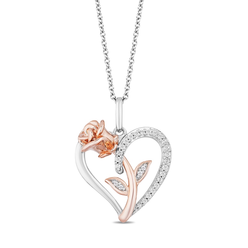 Main Image 1 of Previously Owned - Enchanted Disney Belle 1/10 CT. T.W. Diamond Rose and Heart Pendant in Sterling Silver - 19"