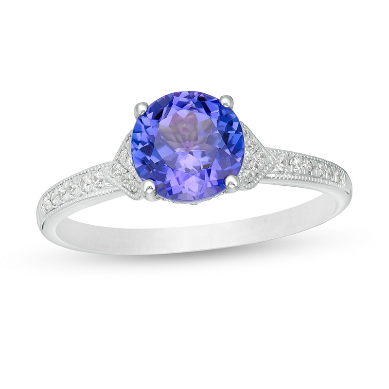 Previously Owned - 7.0mm Tanzanite and 1/10 CT. T.W. Diamond Vintage-Style Engagement Ring in 14K White Gold