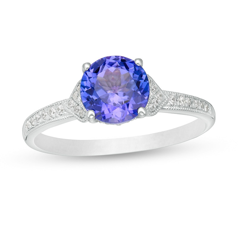 Main Image 1 of Previously Owned - 7.0mm Tanzanite and 1/10 CT. T.W. Diamond Vintage-Style Engagement Ring in 14K White Gold