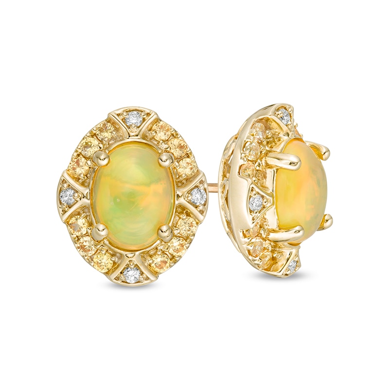 Previously Owned - Captivating Color Oval Opal, Spessartite and 1/20 CT. T.W. Diamond Frame Stud Earrings in 14K Gold