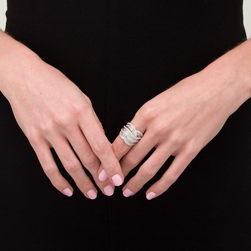 Previously Owned - 2 CT. T.W. Baguette and Round Diamond Layered Overlay Ring in 10K White Gold