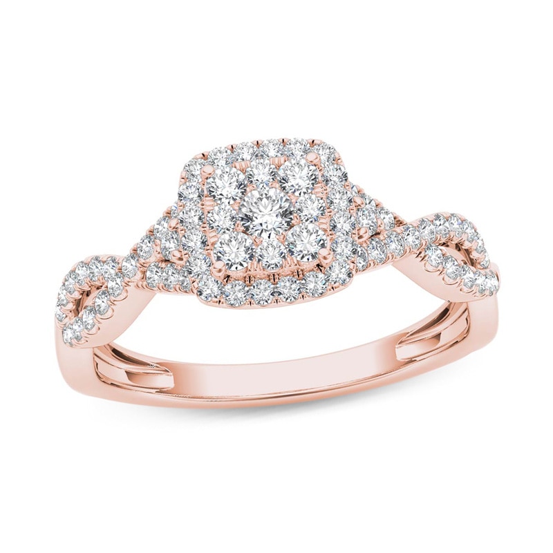 Main Image 1 of Previously Owned - 1/2 CT. T.W. Diamond Cushion Frame Twist Shank Engagement Ring in 14K Rose Gold