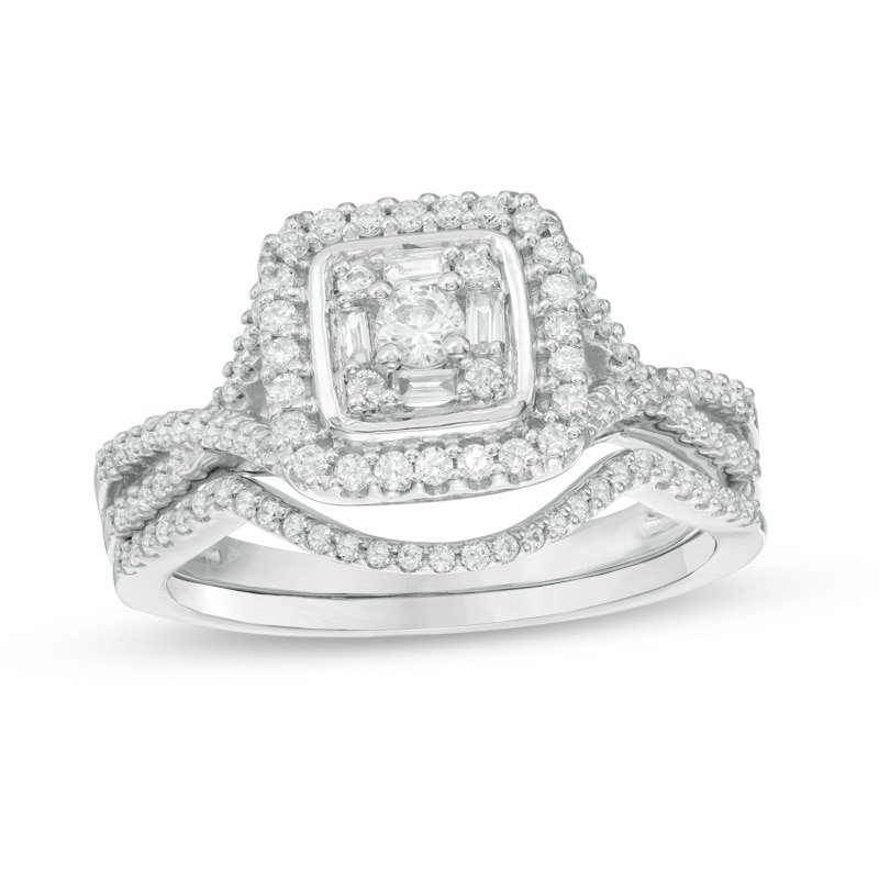 Previously Owned - 1/2 CT. T.W. Baguette and Round Diamond Square Frame Bridal Set in 10K White Gold