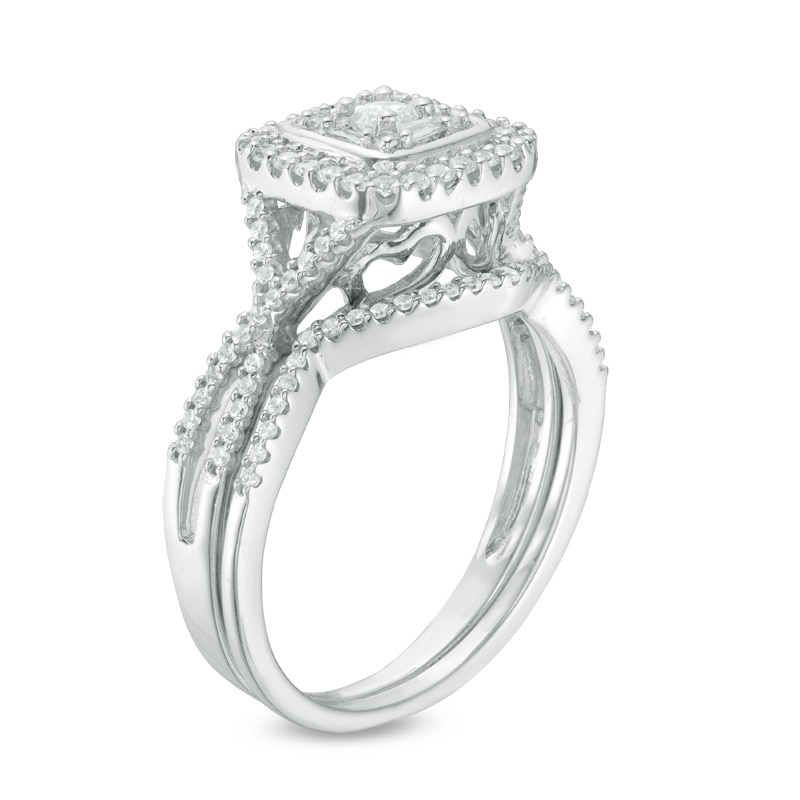 Previously Owned - 1/2 CT. T.W. Baguette and Round Diamond Square Frame Bridal Set in 10K White Gold