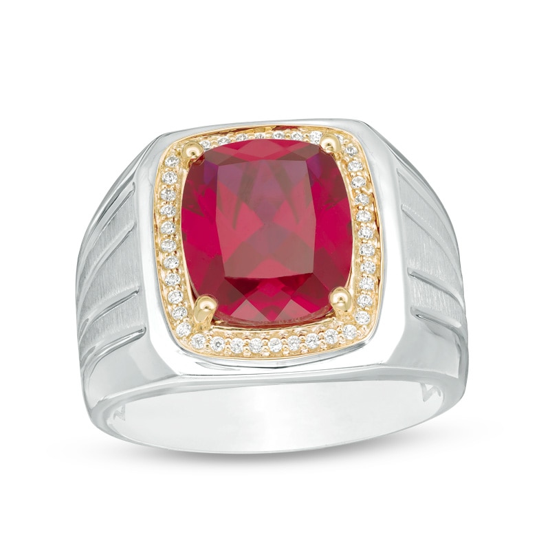 Main Image 1 of Previously Owned - Cushion-Cut Lab-Created Ruby and 1/6 CT. T.W. Diamond Ring in Sterling Silver and 10K Gold