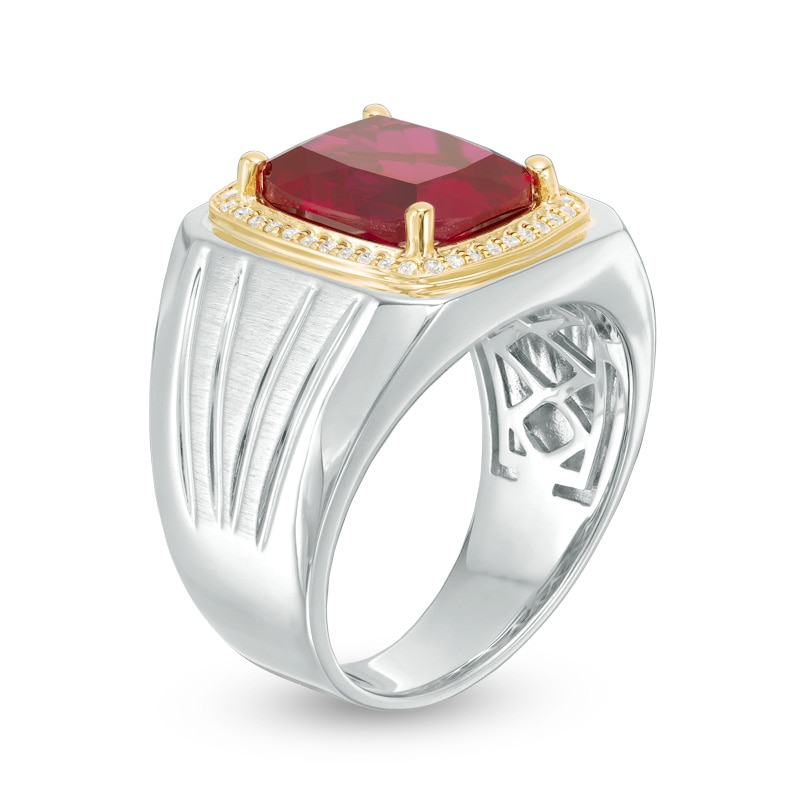 Main Image 2 of Previously Owned - Cushion-Cut Lab-Created Ruby and 1/6 CT. T.W. Diamond Ring in Sterling Silver and 10K Gold