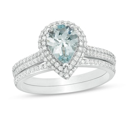 Previously Owned - Pear-Shaped Aquamarine and 3/8 CT. T.W. Diamond Frame Double Row Bridal Set in 14K White Gold