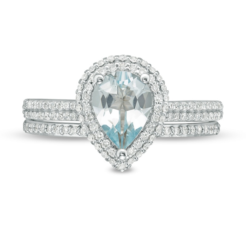 Main Image 4 of Previously Owned - Pear-Shaped Aquamarine and 3/8 CT. T.W. Diamond Frame Double Row Bridal Set in 14K White Gold