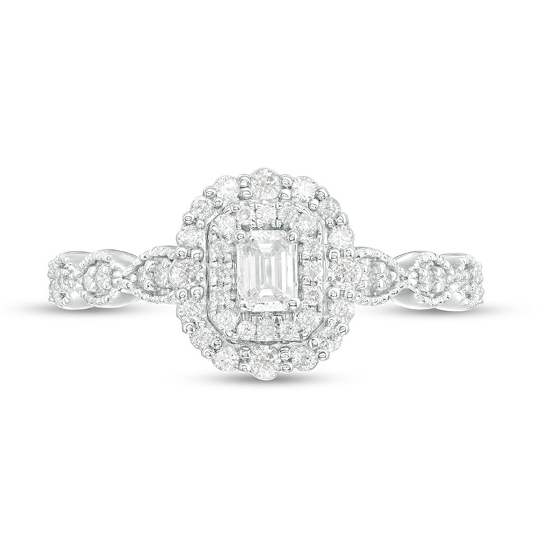 Main Image 4 of Previously Owned - 3/8 CT. T.W. Emerald-Cut Diamond Art Deco Vintage-Style Engagement Ring in 10K White Gold