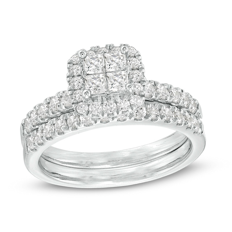 Main Image 1 of Previously Owned - 1 CT. T.W. Quad Princess-Cut Diamond Frame Bridal Set in 14K White Gold
